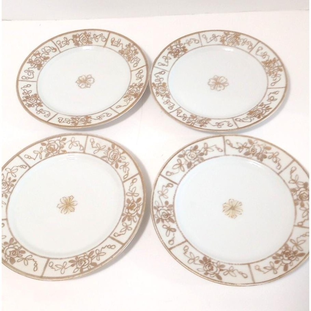 Vintage Nippon Hand Painted White w Gold Salad Bread Plate - Lot of 4; 7.5"